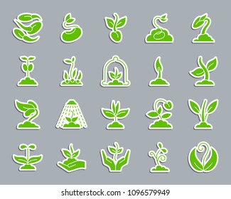 Sprout green silhouette sticker icons set. Web sign kit of seeds. Plant pictogram collection includes sapling, grass, leaves. Simple sprout vector icon shape for patch, pin and embroidery