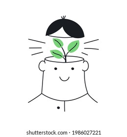 Sprout is growing from the human's head. Burning of the new idea, self-growth, thinking green. Flat thin line vector illustration on white.