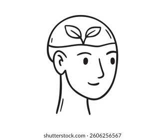 sprout growing inside brain man head doodle hand drawn icon. Outline drawing line clipart symbol sustainable eco thinking, creative idea development. . Vector illustration