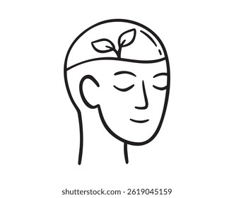 sprout growing inside brain man head doodle hand drawn icon. Outline drawing line clipart symbol sustainable eco thinking, creative idea development. . Vector illustration