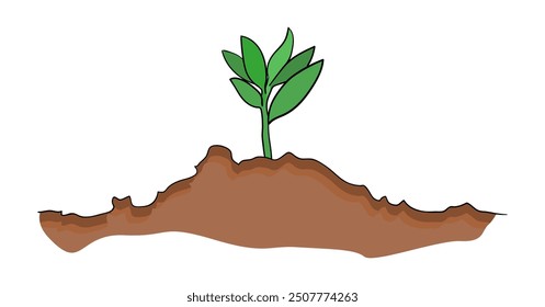 Sprout grows from the soil line art .Vector silhouette of growing green plant. Hand drawn green leaf. Ecology element of new life in nature