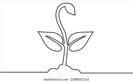 Sprout growth continuous one line drawing. Seeds sprout in ground. Growth, seedling, gardening concept single line. Plant growth process Vector illustration
