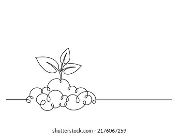 Sprout growth from soil. Continuous line. Young plant. Recycling, ecology and agriculture concept. Earth Day