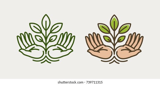 Sprout in hand. Agriculture, farming logo or symbol. Ecology, environmental protection, natural, organic icon. Vector illustration