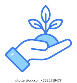 Sprout in hand denoting concept icon of plant care in modern style, farming and agriculture, nature care vector design