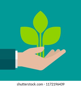 Sprout in a hand. Hand holding sprig eith green leaves. Business growth. Start up. Idea developing. Vector illustration on blue background. Environment protection. Eco friendly thinking.