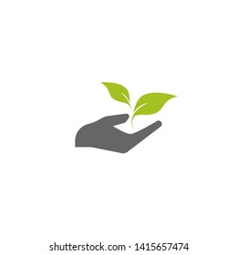 Sprout in a hand. Hand holding sprig with green leaves. growth, start up. Idea developing. Vector illustration on white background. Environment protection. Eco friendly thinking.