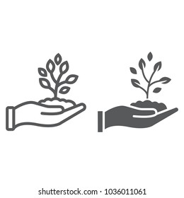 Sprout in hand line and glyph icon, farming and agriculture, plant care sign vector graphics, a linear pattern on a white background, eps 10.