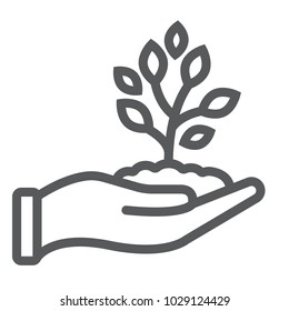 Sprout in hand line icon, farming and agriculture, plant care sign vector graphics, a linear pattern on a white background, eps 10.