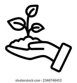 Sprout in a hand line icon, save nature concept, Sprout symbol on white background, Young growth with three leaves on human hand icon outline style mobile concept. Vector graphics.