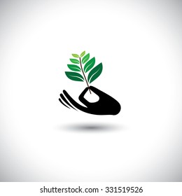 sprout in a hand sign - concept vector icon. the graphic also represents expansion, widening, expanding, increase, growth, protection, support
