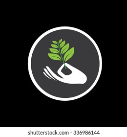 sprout in a hand sign - concept vector icon on black. the graphic also represents expansion, widening, expanding, increase, growth, protection, support