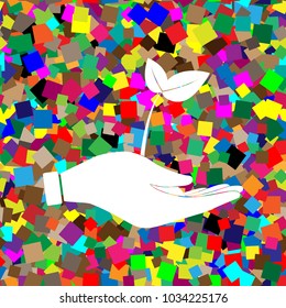 Sprout in a hand sign of environmental protection. Vector. White icon on colorful background with seamless pattern from squares.