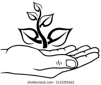 Sprout in a hand sign of environmental protection, ecology symbol, web icon isolated on white. 