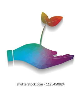 Sprout in a hand sign of environmental protection. Vector. Colorful icon with bright texture of mosaic with soft shadow on white background. Isolated.