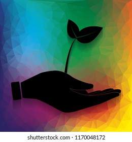 Sprout in a hand sign of environmental protection. Vector. Flat style black icon on white.