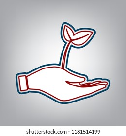 Sprout in a hand sign of environmental protection. Vector. Dark red, transparent and midnight green stroke of white icon at grayish background.