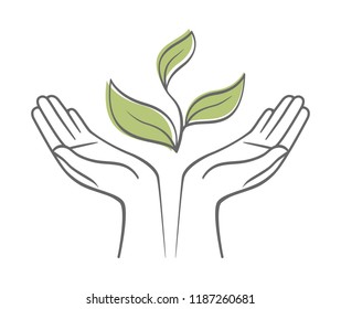 Sprout in a hand sign of environmental protection. Hand draw symbol logo icon