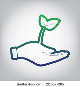 Sprout in a hand sign of environmental protection. Vector. Green to blue gradient contour icon at grayish background with light in center.
