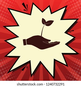 Sprout in a hand sign of environmental protection. Vector. Dark red icon in lemon chiffon shutter bubble at red popart background with rays.