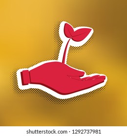 Sprout in a hand sign of environmental protection. Vector. Magenta icon with darker shadow, white sticker and black popart shadow on golden background.