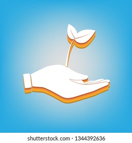 Sprout in a hand sign of environmental protection. Vector. White icon with 3d warm-colored gradient body at sky blue background.