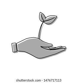 Sprout in a hand sign of environmental protection. Black line icon with gray shifted flat filled icon on white background. Illustration.
