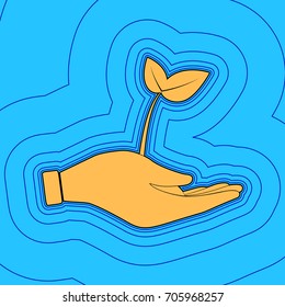 sprout in a hand sign. Vector. Sand color icon with black contour and equidistant blue contours like field at sky blue background. Like waves on map - island in ocean or sea.