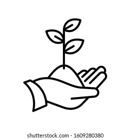 Sprout in a hand thin line icon. Human hand holding seedling plant with leaves. Adjustable stroke width.