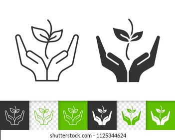 Sprout in hands black linear and silhouette icons. Thin line sign of save nature. Organic Plant outline pictogram isolated on white, transparent background. Vector Icon of Sprout simple symbol closeup