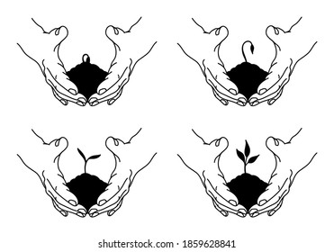 Sprout in hands set. Plant growing phases. Hands holding soil with seedling. Agriculture, ecology, environment care concept. Vector illustration.