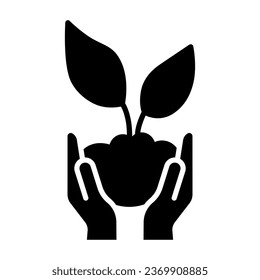Sprout in hands solid icon, ecology concept, Hands holding seedling with leaves sign on white background, palm with sprout icon in glyph style for mobile and web design. Vector graphics