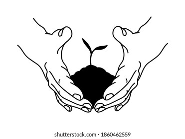 Salto en las manos. Planta joven con crecimiento de hojas. Manos sosteniendo la tierra con plántulas. Agricultura, ecología, concepto de cuidado del medio ambiente. Ilustración vectorial.