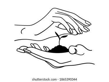 Sprout in hands. Young plant with leaf growth. Hands holding soil with seedling. Agriculture, ecology, environment care concept. Vector illustration.