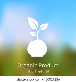 Sprout icon on blurred background. Organic product banner.