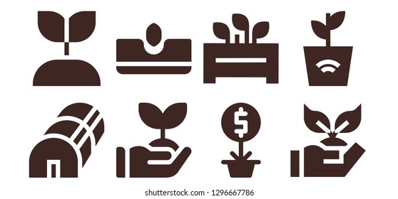  sprout icon set. 8 filled sprout icons. Simple modern icons about  - Greenhouse, Growing plant, Sprout, Sow, Plant, Flowerpot, Planting
