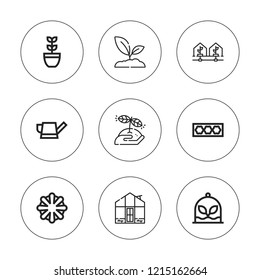 Sprout icon set. collection of 9 outline sprout icons with greenhouse, plant, seed, watering can icons. editable icons.