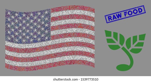 Sprout icons are organized into United States flag collage with blue rectangle corroded stamp seal of Raw Food text. Vector collage of America waving flag is created of sprout icons.