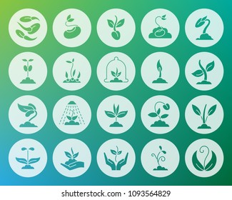 Sprout icons set. Web sign kit of seeds. Plant pictogram collection includes flower, soil, planting. Simple sprout vector symbol. Icon shape carved from circle on colorful background