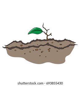 A sprout with a leaf growing on the soil. A young sprout on the ground. Vector illustration.