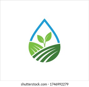 sprout leaf inside an abstract water drop shape vector icon logo design template for agriculture, food crop, hydroponic nursery and farm business