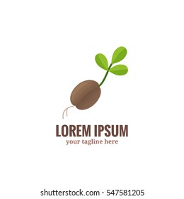 Sprout logo. Cartoon flat style plant with seed and green leaves vector illustration. 