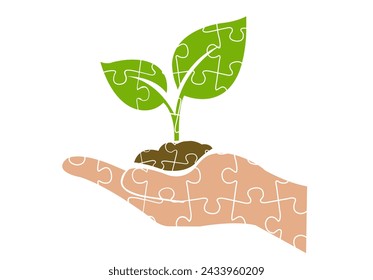 Sprout In The Palms of Logo Symbol With Puzzle , Vector Illustration