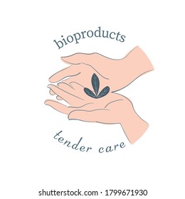 Sprout in the palms-logo of an eco-friendly, natural product or organic product. Hands folded in a symbolic gesture of careful care, protection, isolated on a white background image.