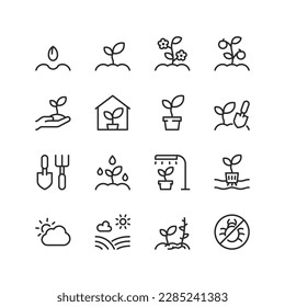 Sprout plant, Care and growing the plant, linear style icons set. Sowing crops, horticulture. Fruit growing. Editable stroke width