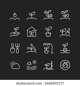 Sprout plant, growing icons, white on black background. Sowing crops, horticulture, fruit cultivation. Customizable line thickness