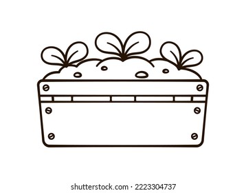 Sprout plant growing from a wooden crate cute cartoon outline line art illustration. Gardening farming agriculture coloring book page activity worksheet for kids