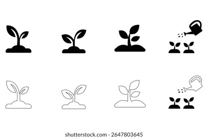 Sprout Plant Growth Vector Icon set. Tree Growth Line and Silhouette Icon Set. Agriculture Pictogram. Eco Friendly Plant Symbol.