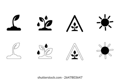 Sprout Plant Growth Vector Icon set. Tree Growth Line and Silhouette Icon Set. Agriculture Pictogram. Eco Friendly Plant Symbol.