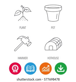 Sprout plant, hammer and pot icons. Hothouse linear sign. Award medal, growth chart and opened book web icons. Download arrow. Vector